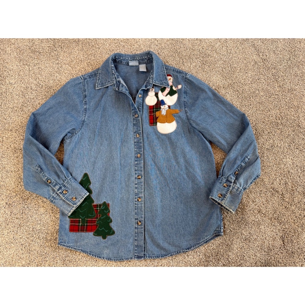 Holiday Editions Vintage Christmas Denim Shirt Snowman Plaid‎ Tree Applique Med